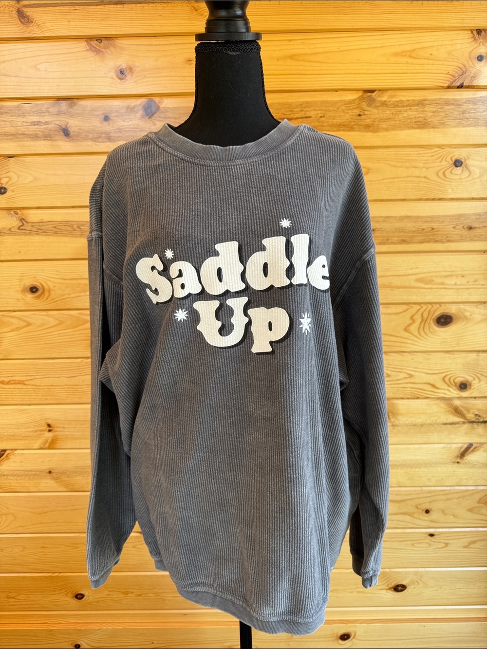 Corded Gray Crewneck Pullover Sweater with 'Saddle Up' Graphic